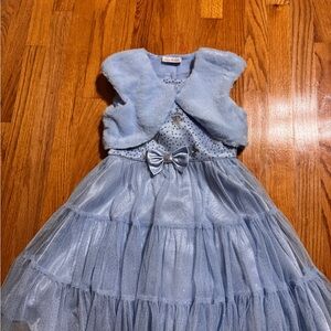 Jona Michelle Blue Formal Kids Dress with Faux Fur Vest